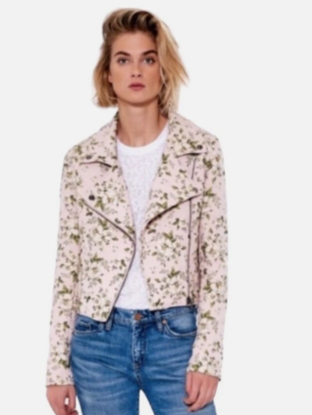 BLANK NYC I XS (S) Embroidered Floral Moto Jacket I pink green white yellow